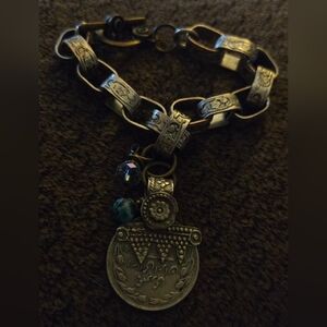 Bohemian Silver-Tone Engraved Pendant Bracelet with Teal Accent Bead